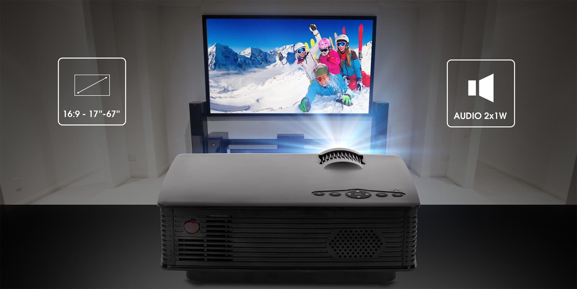 Der Beamer erhält durch das klassische schwarze Gehäuse ein schlichtes Design und eine handliche Größe. Das Gerät kann daher stationär, auf Reisen oder ähnliche Zwecke verwendet werden. Der Beamer erhält durch das klassische schwarze Gehäuse ein schlichtes Design und eine handliche Größe. Das Gerät kann daher stationär, auf Reisen oder ähnliche Zwecke verwendet werden.