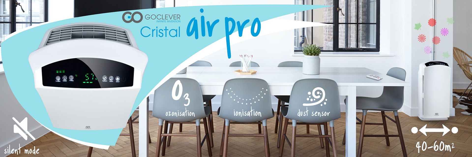 GoClever Cristal Air Pro Luftreiniger mit 3-fach Filter HEPA Aktivkohle 60W bis 60m&sup2; Raumgr&ouml;&szlig;e 