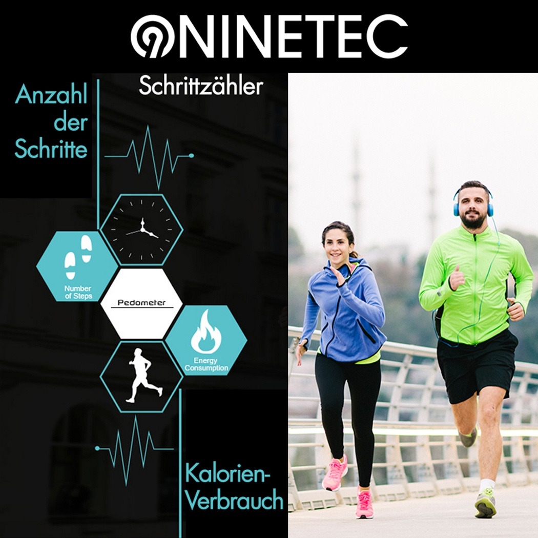 Der Fitnesstracker zeigt dir Schritte, Uhrzeit, Distanz, und verbrauchte Kalorien im Laufe des Tages auf einem einfach abzulesenden Display an.